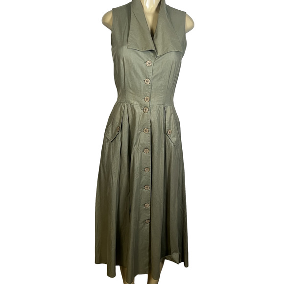 Rabbit Rabbit Rabbit Designs Dress Womens 8 Olive Button Front Midi Made USA - Picture 2 of 12